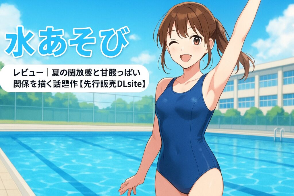 『水あそび』レビュー記事のアイキャッチ。夏の学校プールを背景に、明るい水着姿の大人の女性がポーズをとるアニメ風イラスト