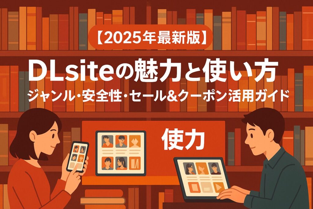 本棚を背景にPCとスマホで作品を探す男女のイラスト。「DLsiteの魅力と使い方」2025年最新版ガイドのサムネイル