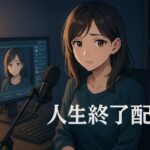『人生終了配信』レビュー用アイキャッチ｜夜の自宅でライブ配信する大人の女性配信者を描いたアニメ風イラスト