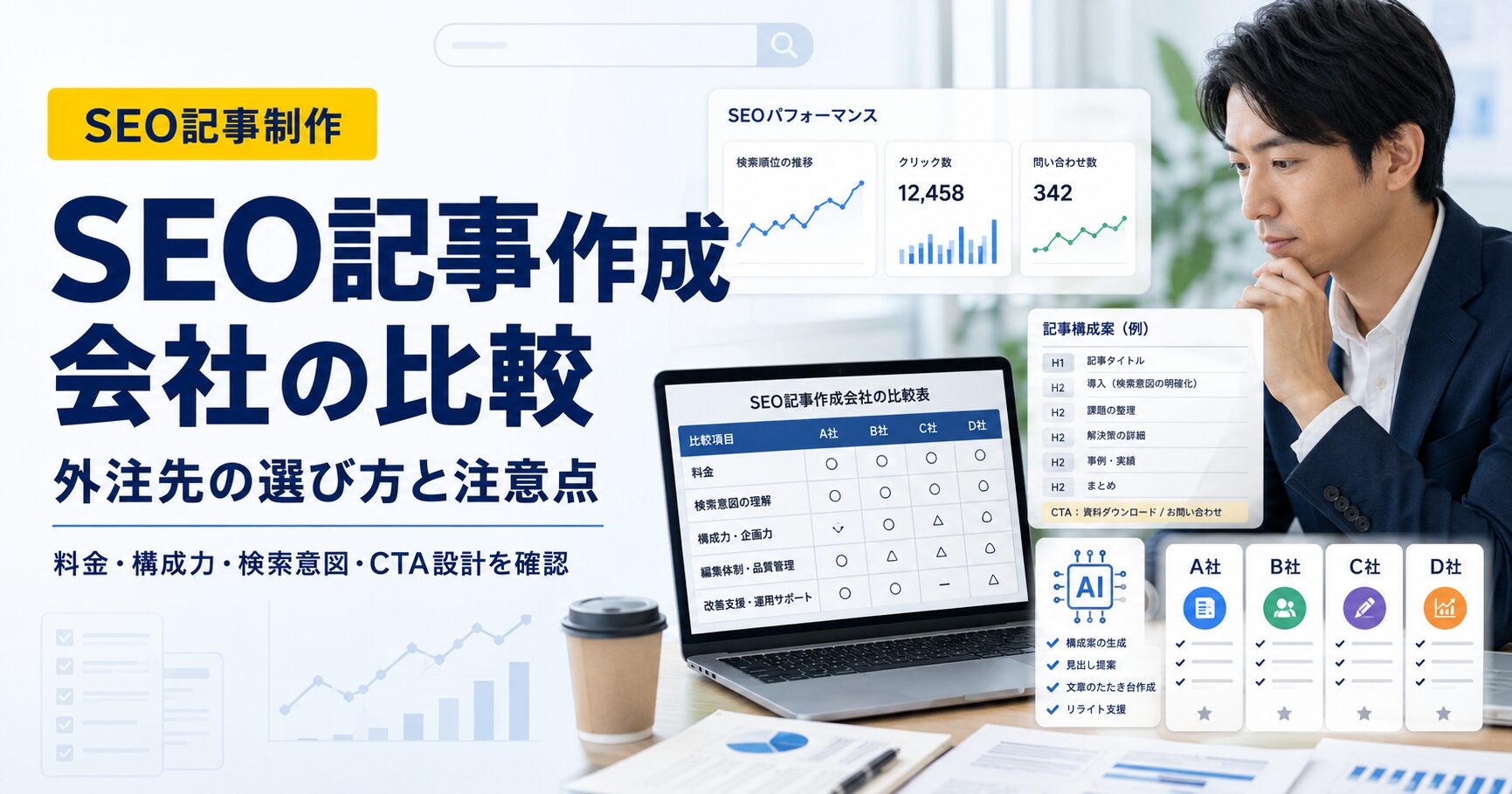 SEO記事作成会社を比較する際に、料金・検索意図・記事構成力・編集体制・CTA設計・改善支援を確認するためのアイキャッチ画像