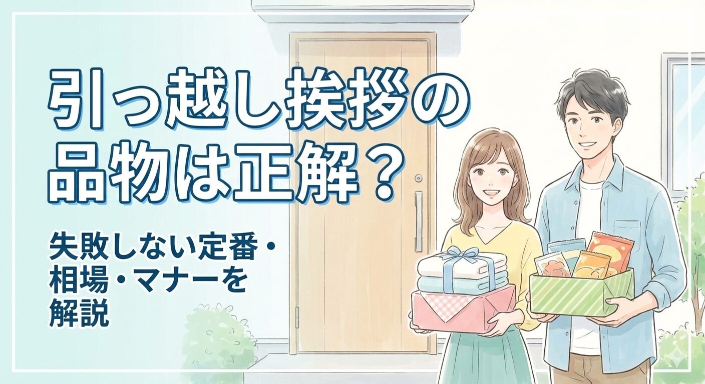 引っ越し挨拶の品物を持って新居の前で笑顔で立つ夫婦のイラスト。引っ越し挨拶の品物選びに迷う人向けの解説。