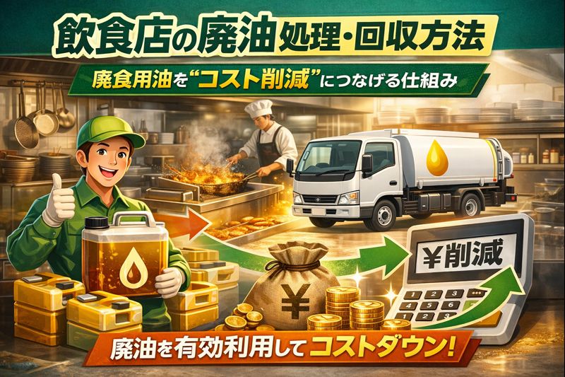 飲食店の厨房でフライヤーから出る廃食用油を回収し、コスト削減につなげる廃油処理・回収のイメージ