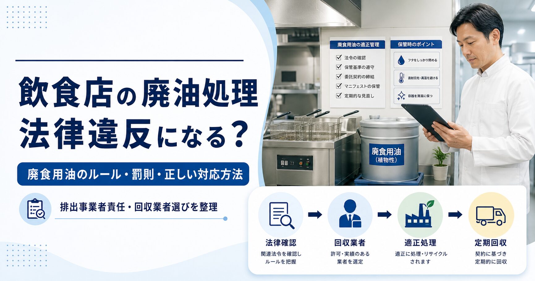 飲食店の廃油処理について、法律上の注意点、排出事業者責任、回収業者選び、適正処理、定期回収の流れを整理するBtoBコラム用アイキャッチ画像
