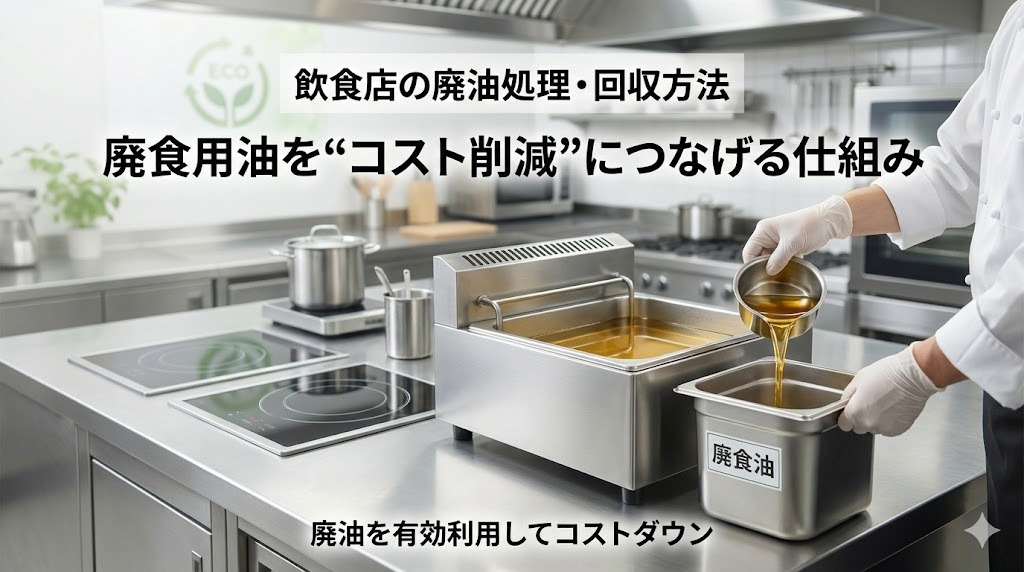 飲食店の厨房でフライヤーから出る廃食用油を回収し、適正処理とコスト削減につなげるイメージ