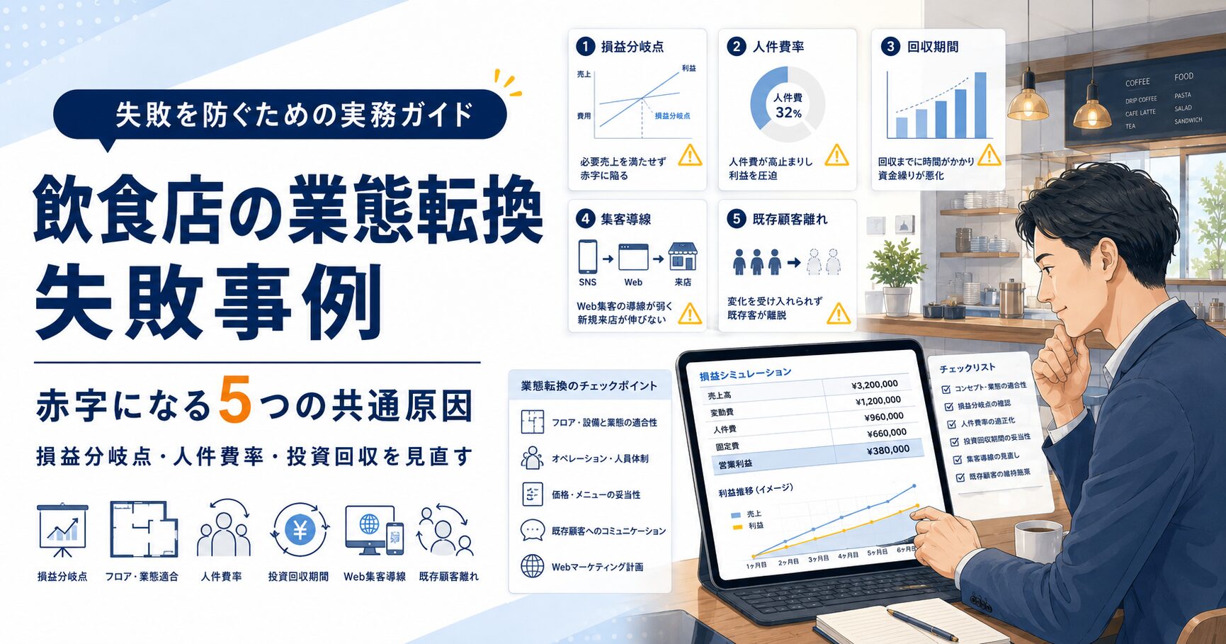 飲食店の業態転換で赤字化しやすい5つの共通原因を、損益分岐点・人件費率・回収期間・集客導線・既存顧客離れの観点から整理したBtoBコラム用アイキャッチ画像