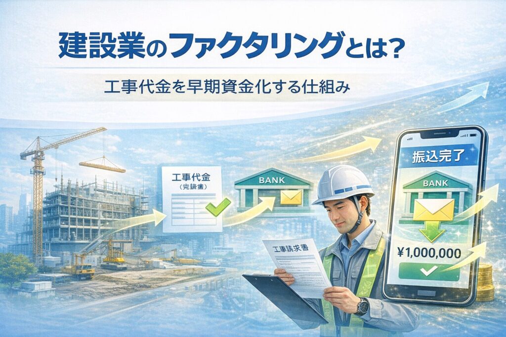 建設業向けファクタリングの仕組みを解説するアイキャッチ画像|工事請求書を確認する現場監督と工事代金の早期資金化イメージ