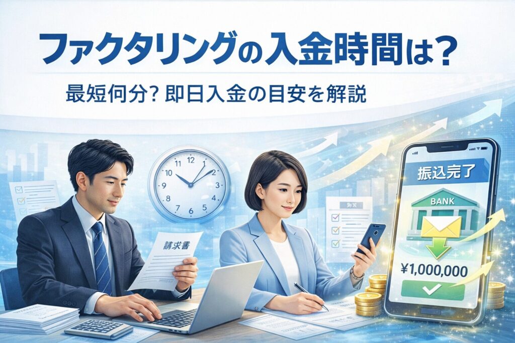 ファクタリングの入金時間を解説するアイキャッチ画像|請求書やノートPCを確認するビジネスパーソンと即日振込イメージ