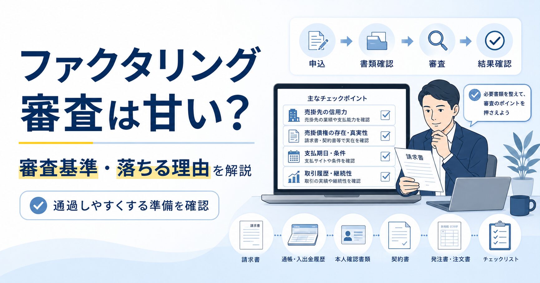 ファクタリング審査の基準や落ちる理由、申込から書類確認・審査・結果確認までの流れを図解したアイキャッチ画像