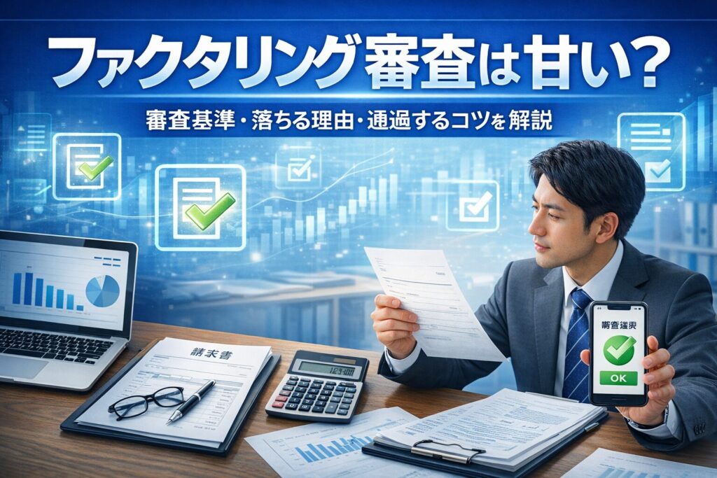 ファクタリング審査の基準を解説するビジネスイメージ|請求書や電卓を確認しながら審査結果をチェックするビジネスパーソン