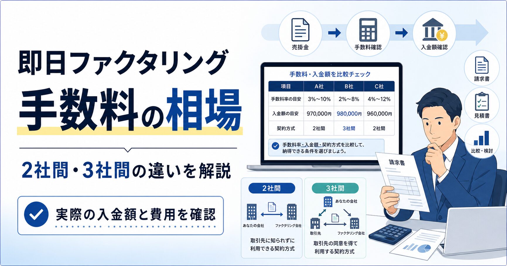 即日ファクタリングの手数料相場と2社間・3社間の違いを、請求書・電卓・比較表で確認するBtoB向けアイキャッチ画像