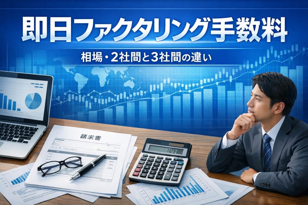 即日ファクタリング手数料の相場を解説するビジネスイメージ｜請求書・電卓・ノートPCと資金調達を検討するビジネスパーソン