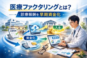 医療ファクタリングの仕組みを解説するアイキャッチ画像｜診療報酬を確認する医療機関担当者と早期資金化のイメージ