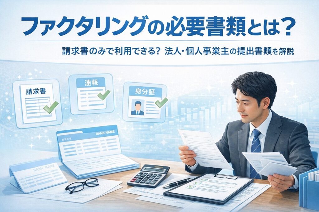 ファクタリングの必要書類を解説するアイキャッチ画像|請求書・通帳・身分証などの提出書類を確認するビジネスパーソン