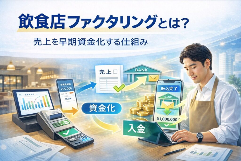 飲食店向けファクタリングの仕組みを解説するアイキャッチ画像｜POSレジや売上データを確認する飲食店オーナーと早期資金化のイメージ