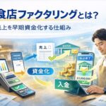 飲食店向けファクタリングの仕組みを解説するアイキャッチ画像｜POSレジや売上データを確認する飲食店オーナーと早期資金化のイメージ
