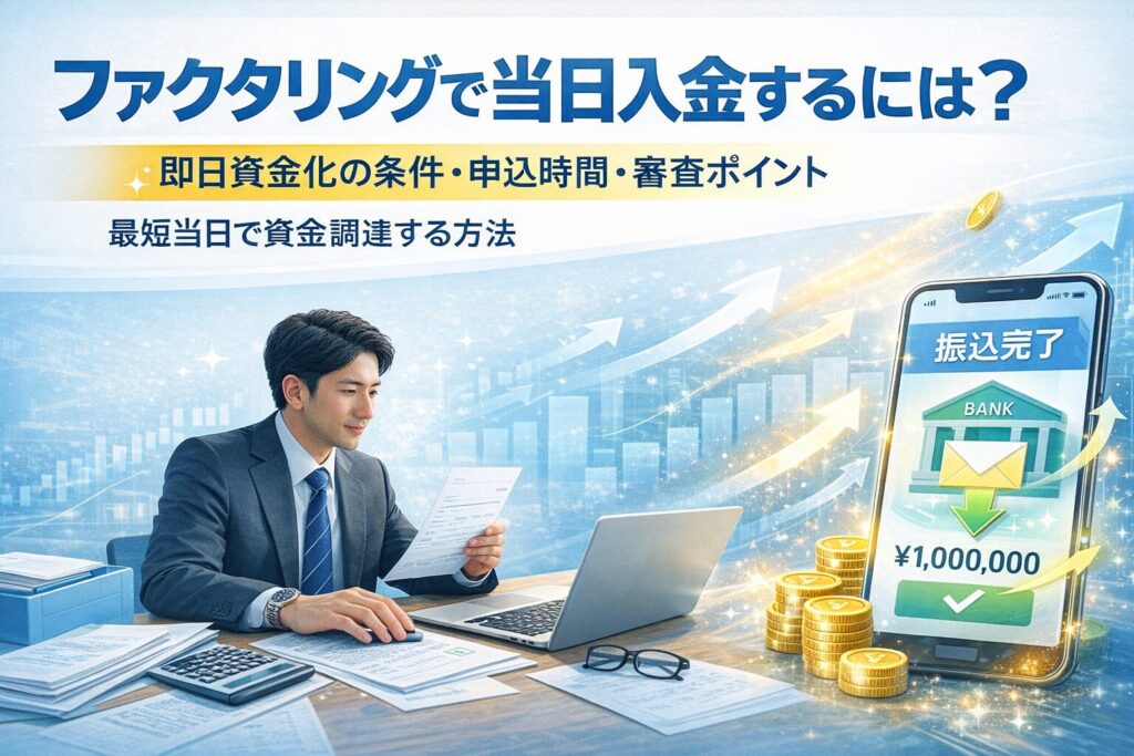 ファクタリングで当日入金する条件を解説するアイキャッチ画像|請求書やノートPCを確認するビジネスパーソンと即日資金化イメージ