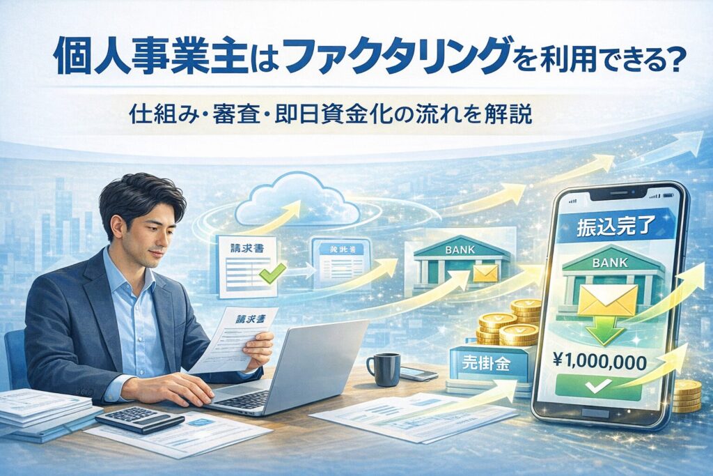 個人事業主向けファクタリングの仕組みを解説するアイキャッチ画像|請求書を確認するフリーランスと売掛金を資金化するイメージ