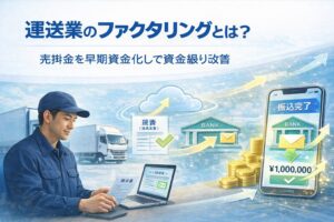 運送業向けファクタリングの仕組みを解説するアイキャッチ画像｜トラック事業者が請求書を確認し売掛金を資金化するイメージ