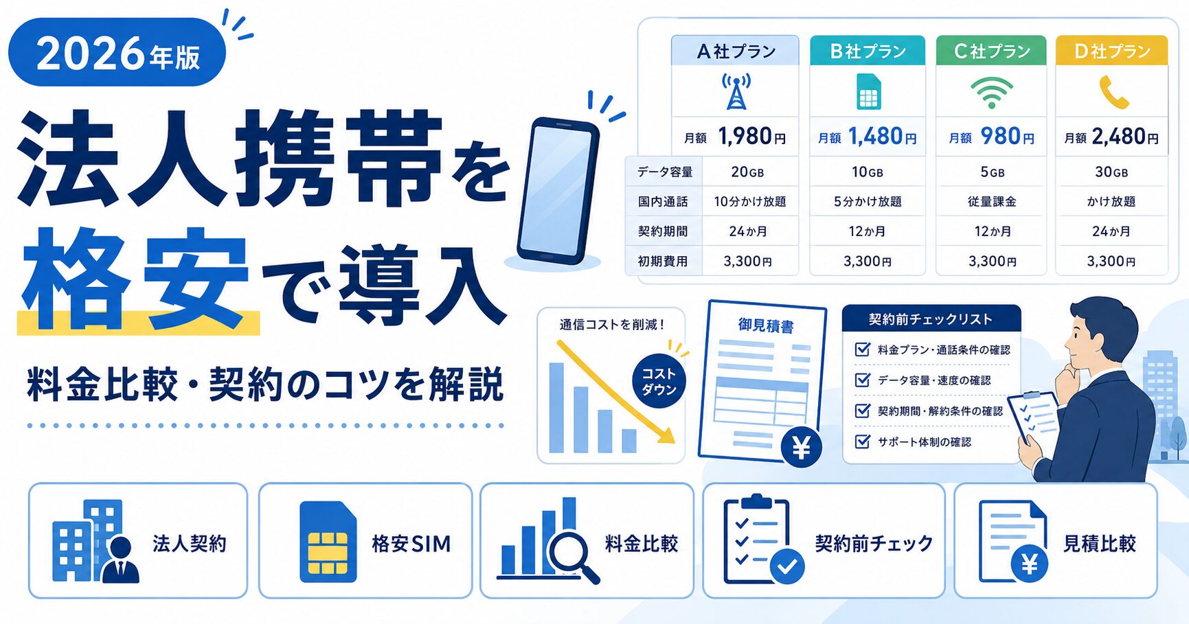 法人携帯を格安で導入する方法として料金比較や契約条件の見直しを解説する記事のアイキャッチ画像