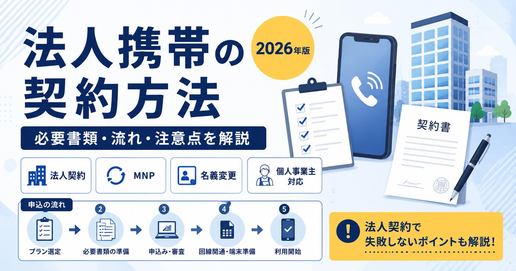 法人携帯の契約方法を必要書類・申込手順・MNP・名義変更の観点で解説する記事のアイキャッチ画像