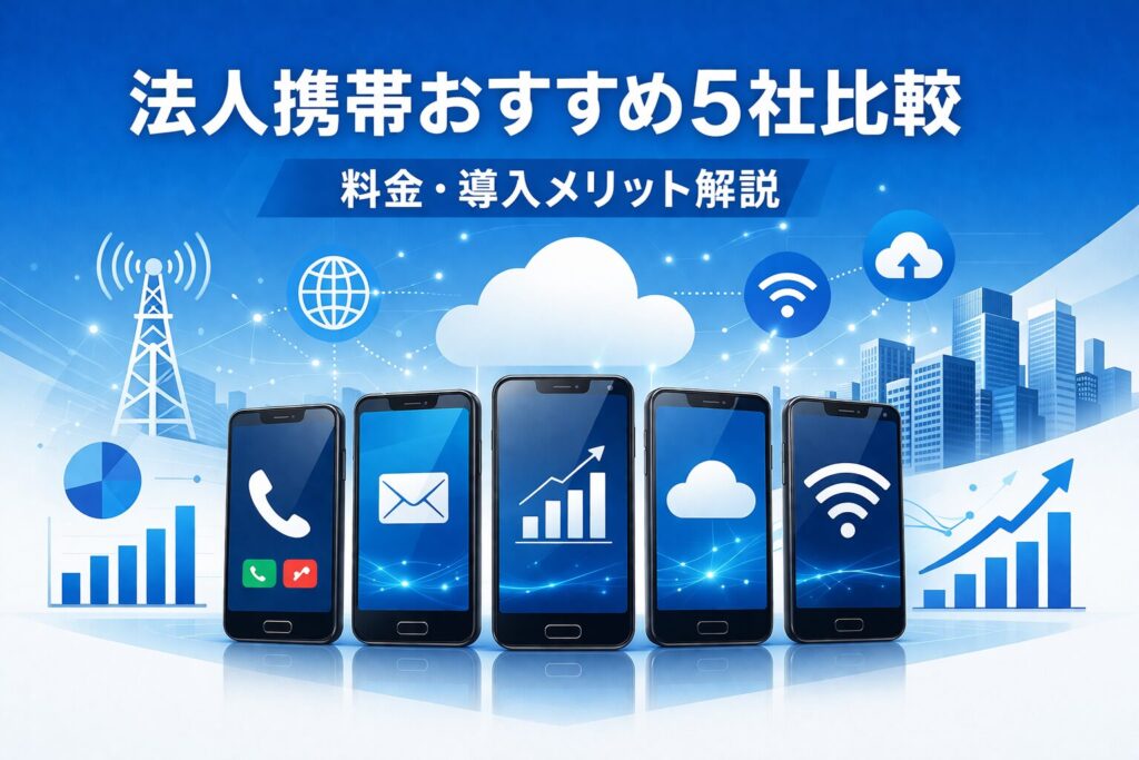 法人携帯おすすめ5社比較｜料金・導入メリットを解説するビジネス向けスマートフォン比較イメージ