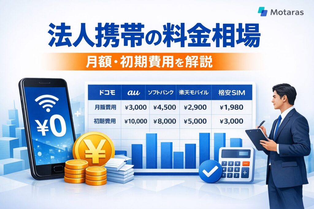 法人携帯の料金相場を解説する記事のアイキャッチ画像。スマートフォン、料金比較表、円マーク、グラフを背景に、月額費用と初期費用の違いを比較している法人向けデザイン。