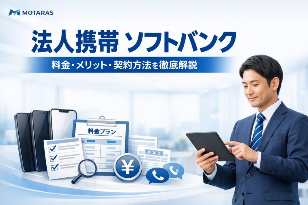 法人携帯としてソフトバンクを検討する企業向けに、料金、メリット、契約方法、申込窓口の比較ポイントを解説する記事のアイキャッチ画像。スマートフォン、料金プラン表、契約書類、通話アイコン、法人担当者を配置したビジネス向けデザイン。