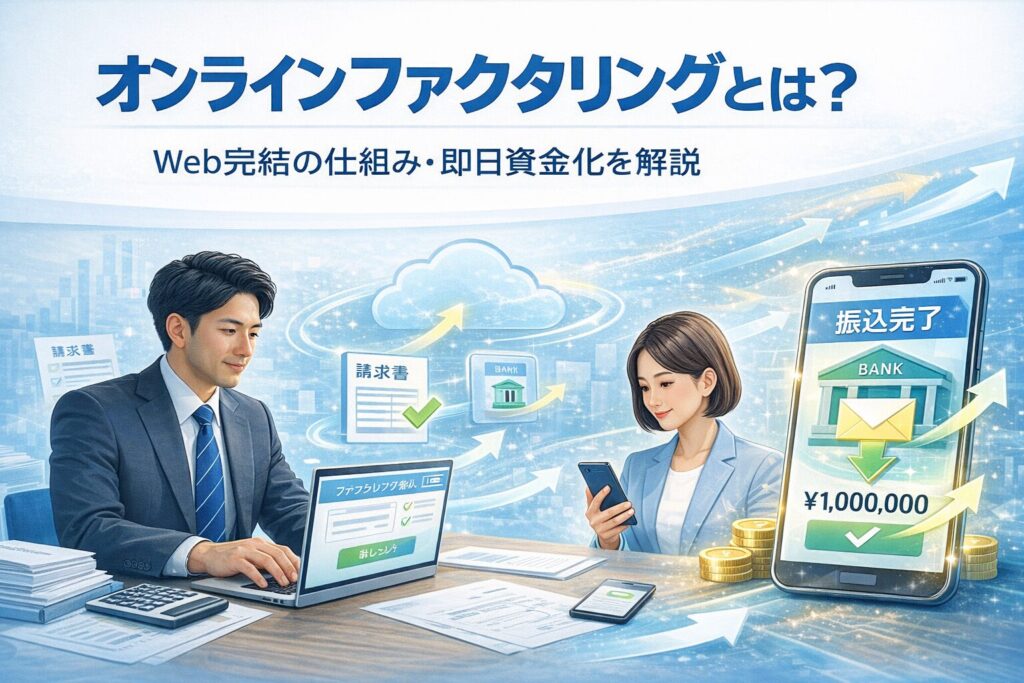 オンラインファクタリングの仕組みを解説するアイキャッチ画像|パソコンやスマートフォンで請求書を送信し資金化するビジネスイメージ