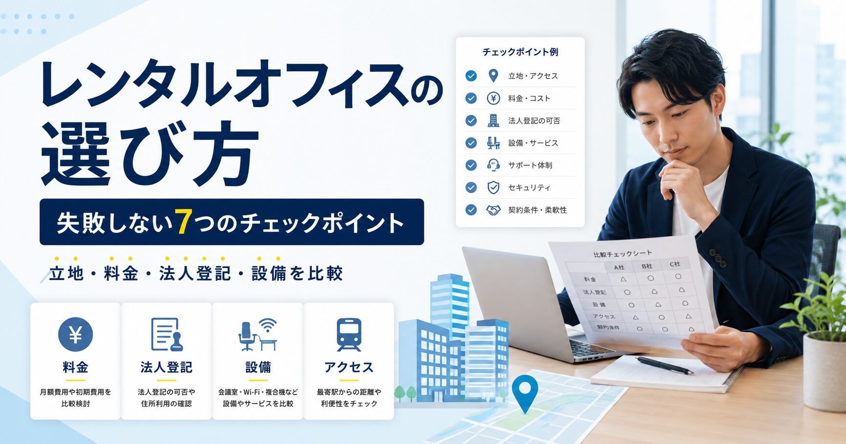 レンタルオフィスの選び方を解説する記事のアイキャッチ画像。日本人ビジネスパーソンが資料を確認し、立地・料金・法人登記・設備などのチェックポイントを比較している様子。