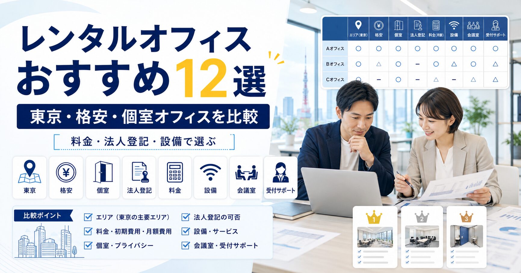 レンタルオフィスおすすめ12選を東京・格安・個室・法人登記・料金・設備の比較軸で紹介する記事のアイキャッチ画像