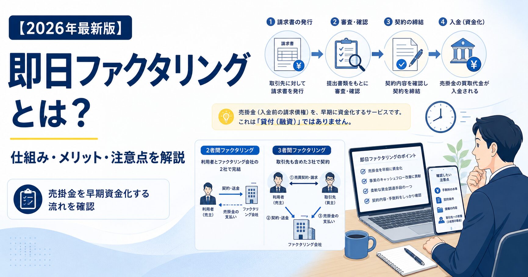 即日ファクタリングの仕組みを、請求書から審査・契約・入金までの流れで解説するアイキャッチ画像