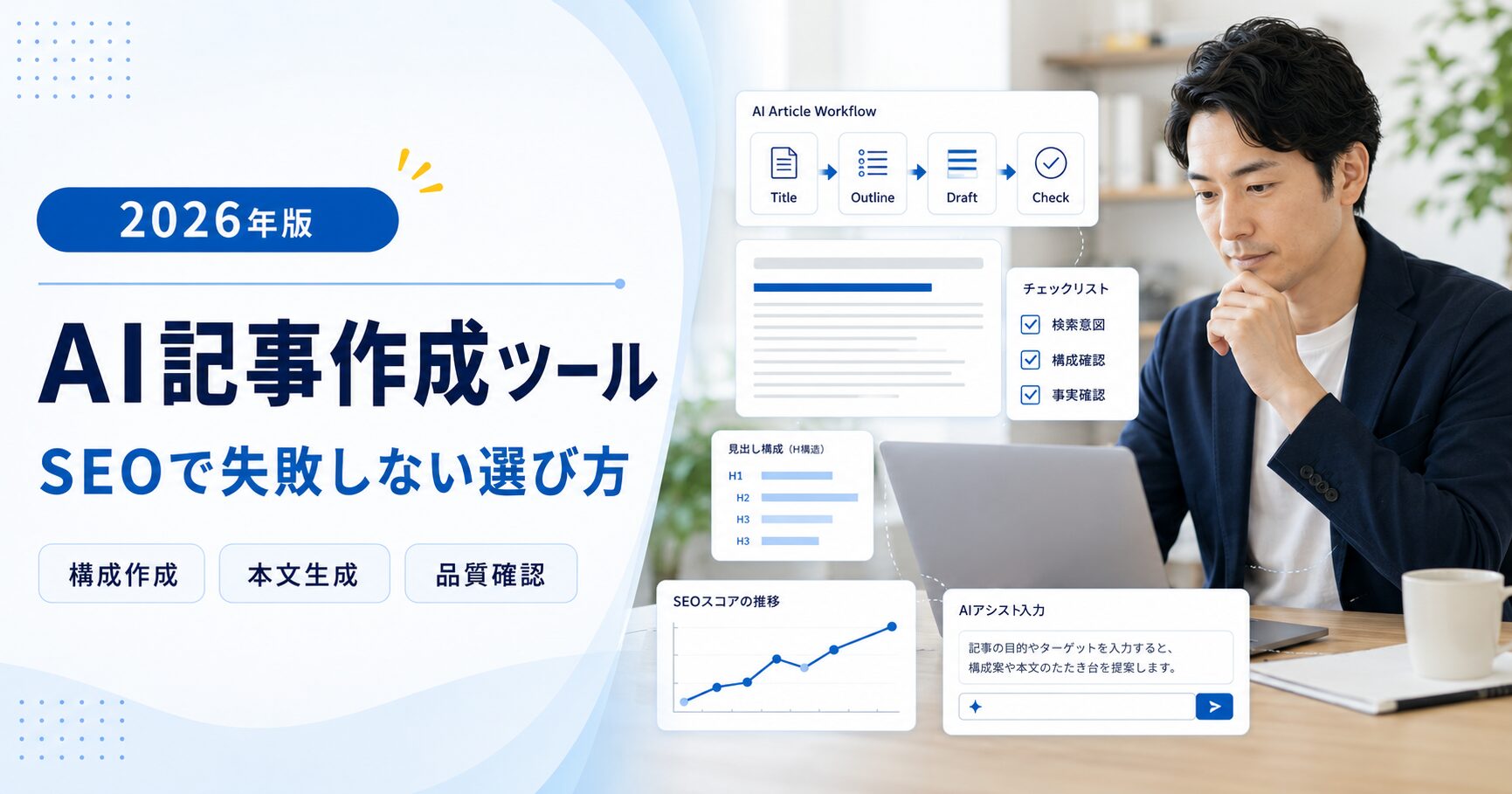 AI記事作成ツールの仕組みとSEO記事制作への活用方法を表現した写真ベースのアイキャッチ画像