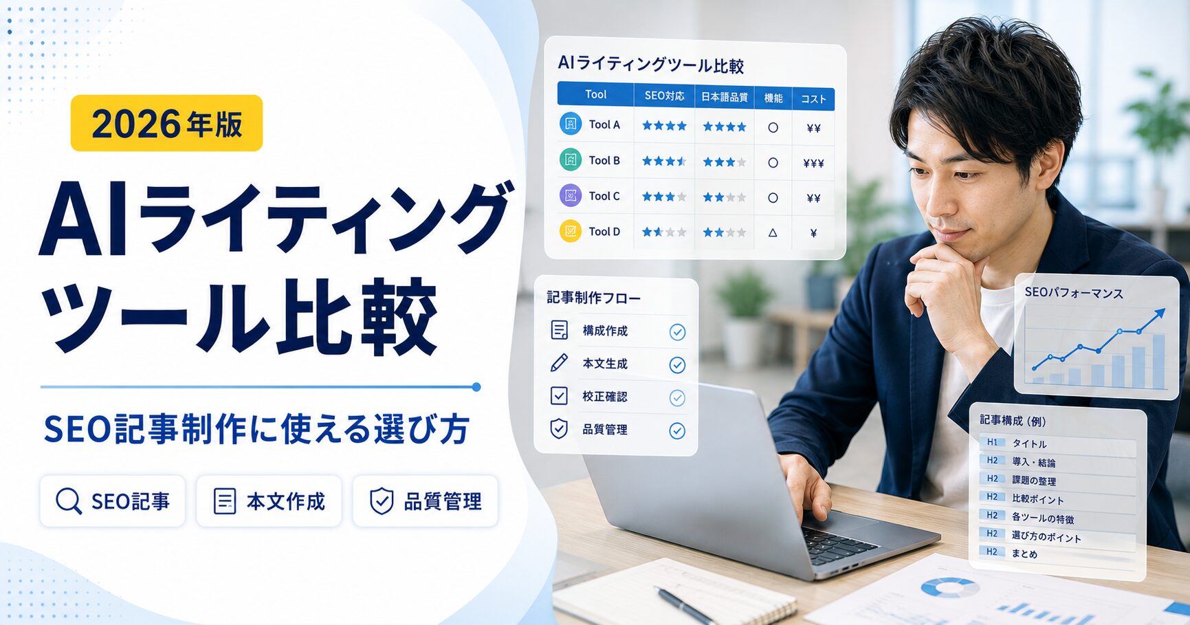 AIライティングツール比較とSEO記事制作への活用方法を表現した写真ベースのアイキャッチ画像