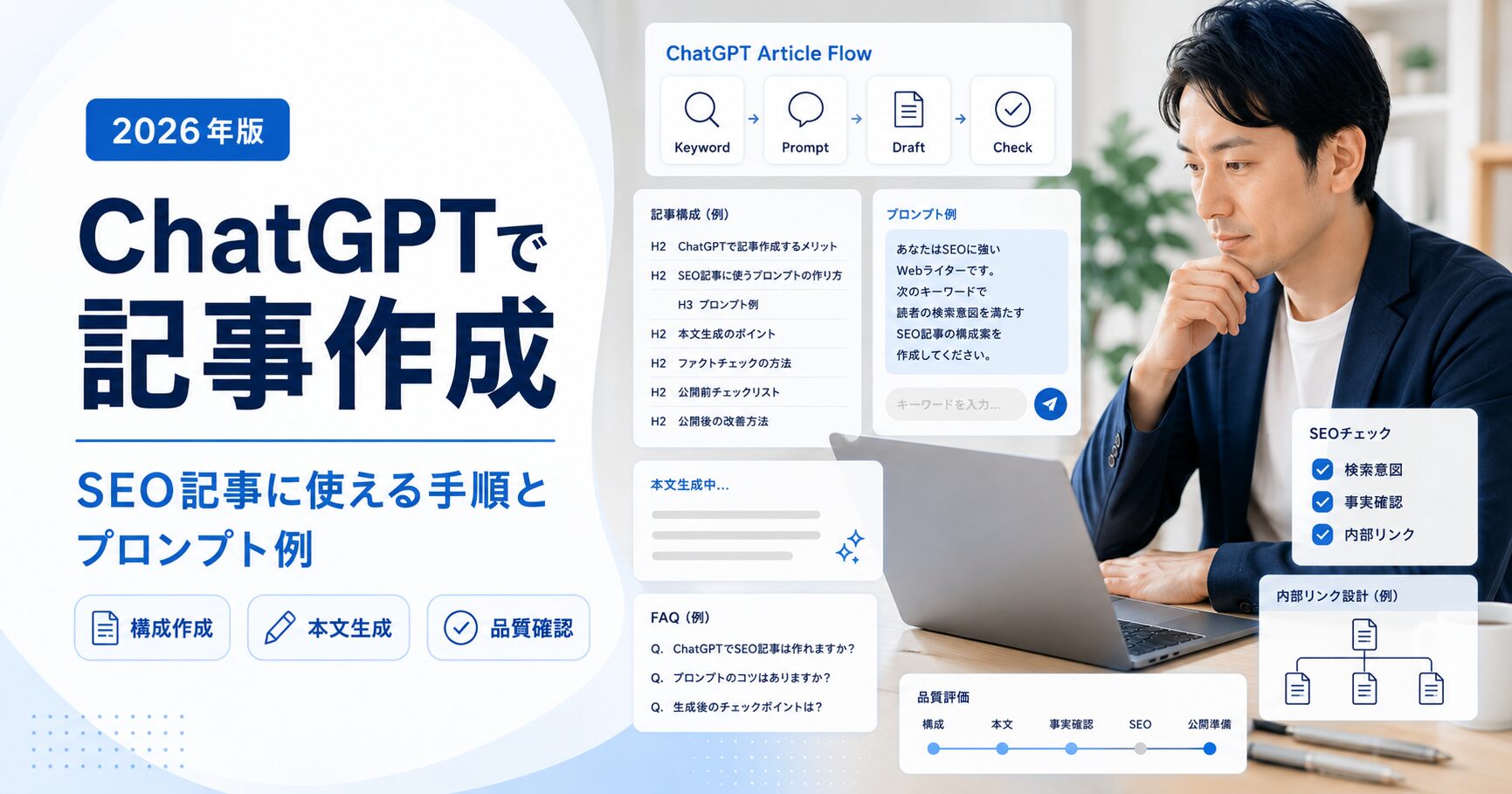 ChatGPTで記事作成する手順とSEO記事向けプロンプト例を表現した写真ベースのアイキャッチ画像