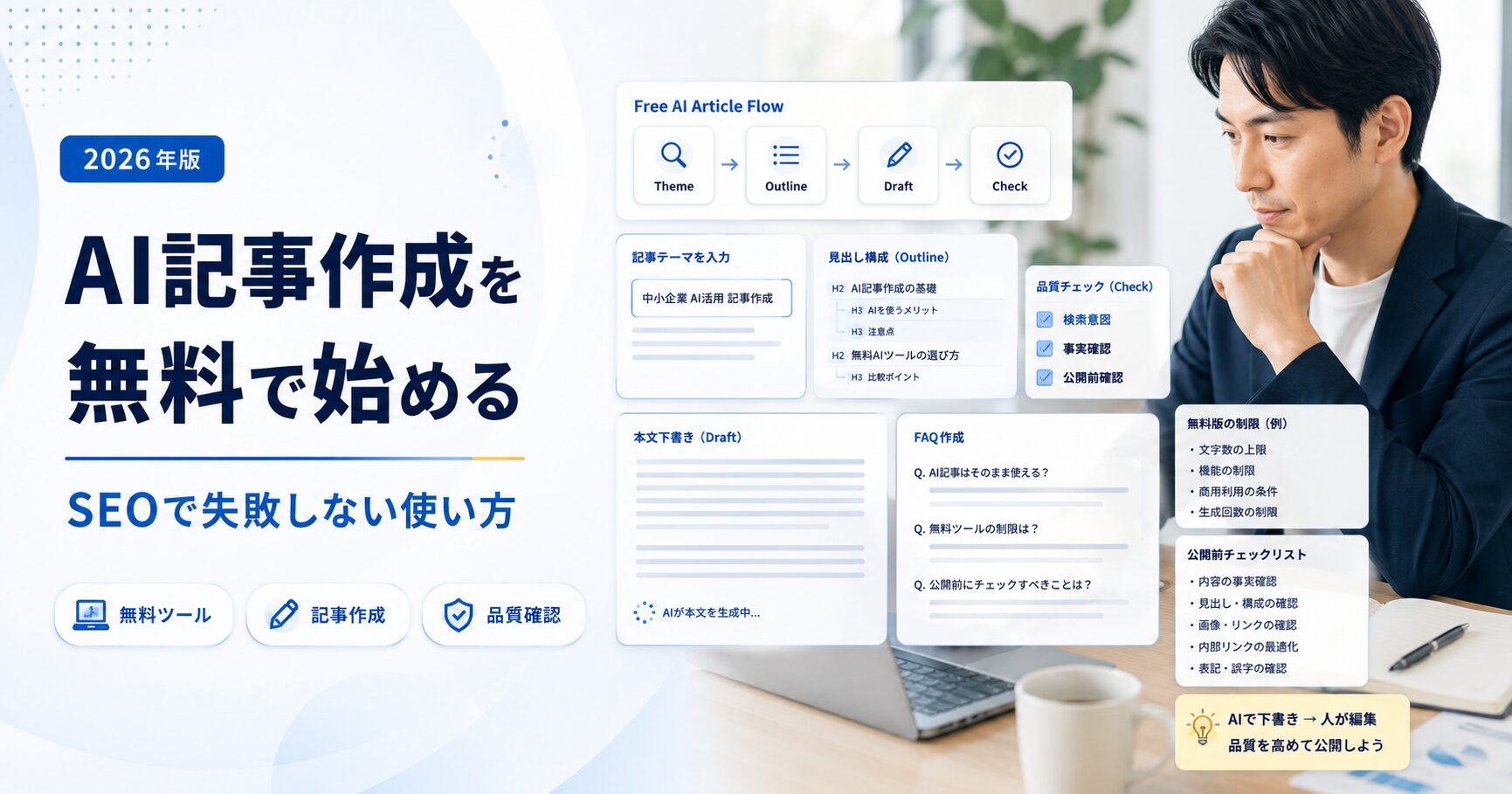 AI記事作成を無料で始める方法とSEO記事として公開する前の注意点を表現した写真ベースのアイキャッチ画像