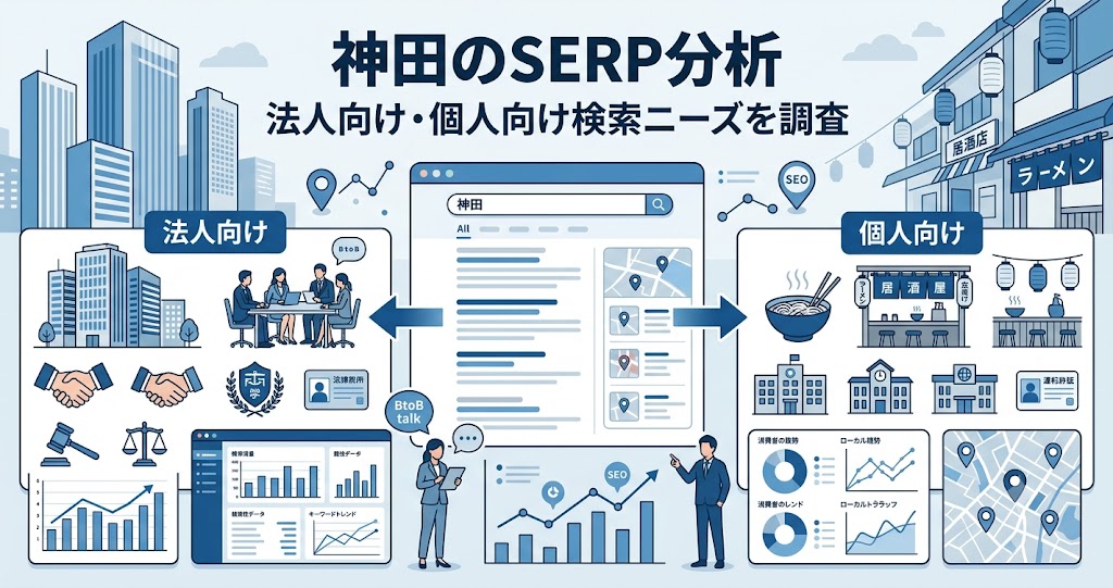 神田のSERP分析と法人向け・個人向け検索ニーズを表すエリアマーケティングのアイキャッチ画像