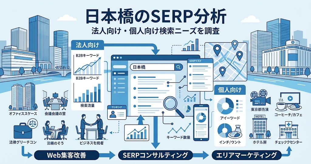 日本橋のSERP分析と法人向け・個人向け検索ニーズを表すエリアマーケティングのアイキャッチ画像