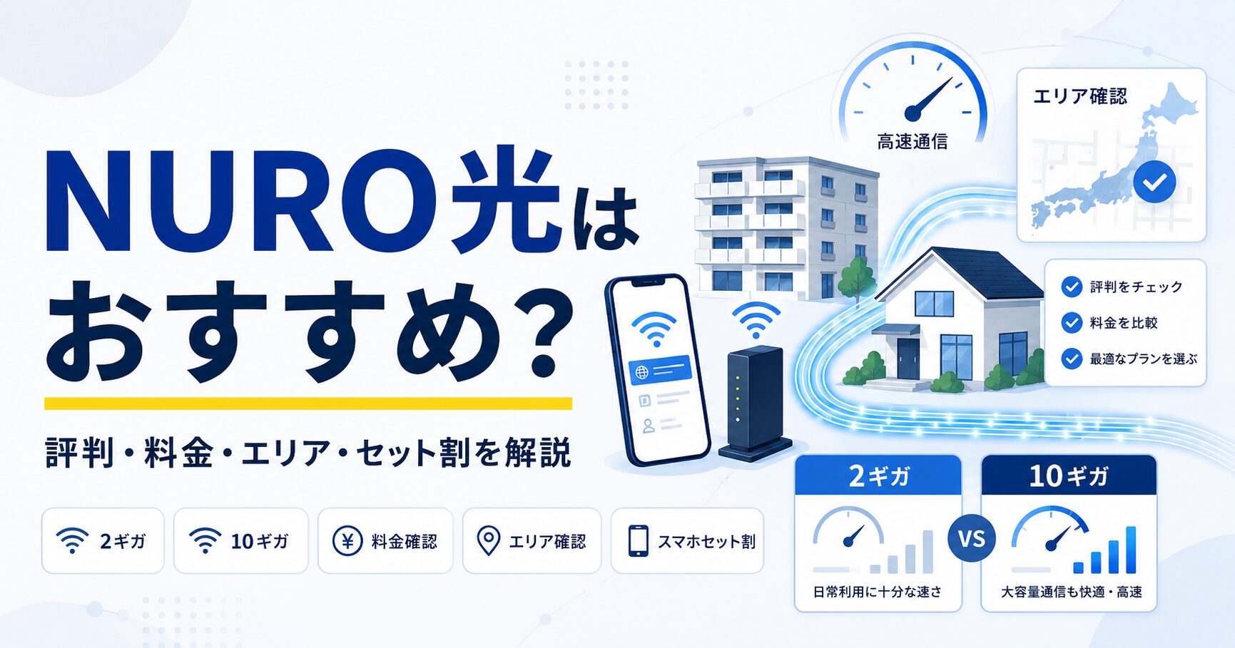 NURO光の評判や料金、速度、提供エリア、マンション対応、SoftBankセット割を解説する記事のアイキャッチ画像
