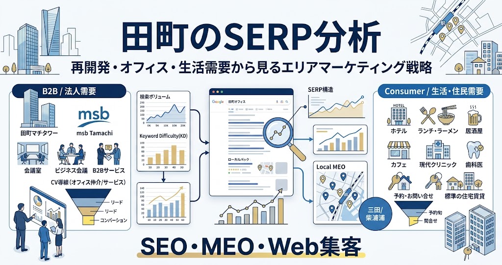 田町のSERP分析と再開発・オフィス・生活需要を示す、SEO・MEO・Web集客向けのデータ分析イメージ
