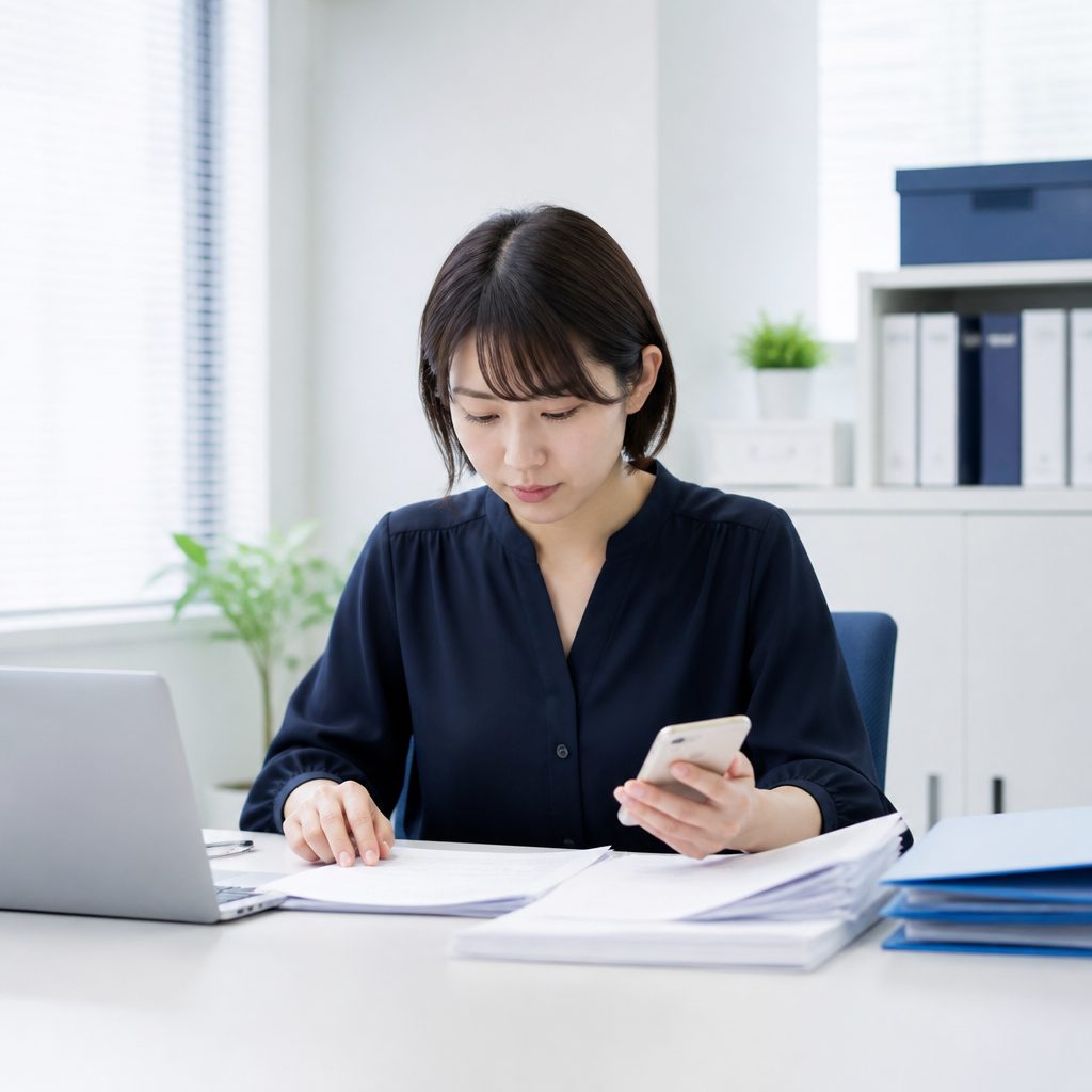法人携帯の利用明細と回線台帳を照合する経理担当者