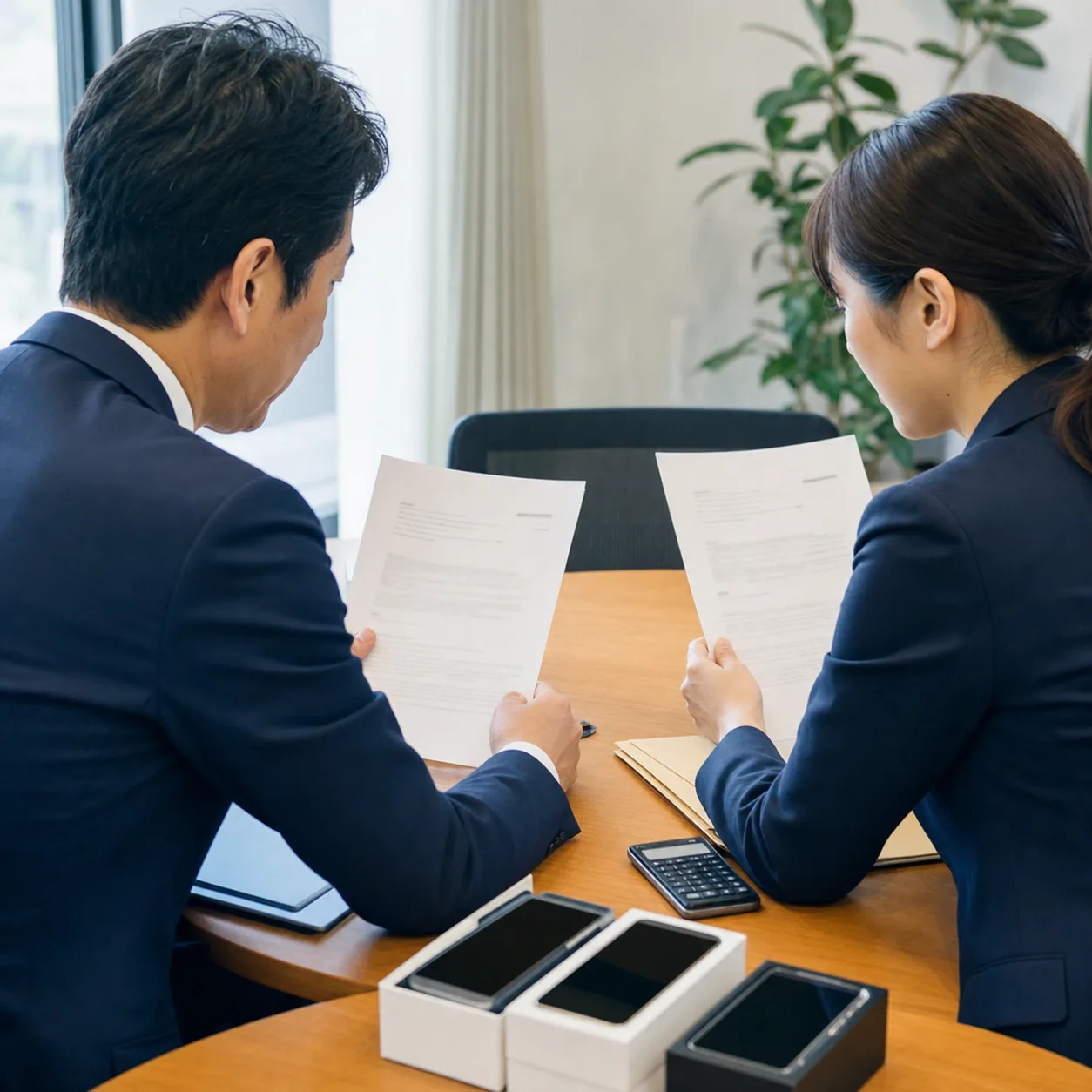 端末の取得価額と契約書を確認する法人携帯導入担当者