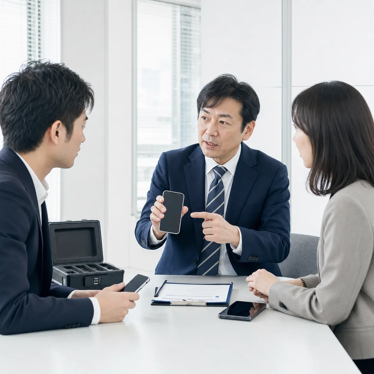 会社支給スマートフォンの私用利用ルールを説明する管理職