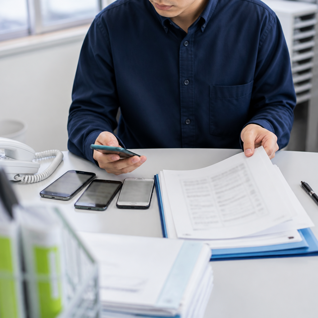 電話番号一覧と業務用スマートフォンを確認する法人携帯の担当者