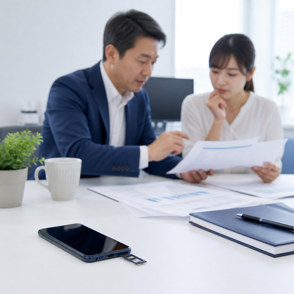 手持ち端末で法人携帯のSIMのみ契約を検討する経営者と担当者