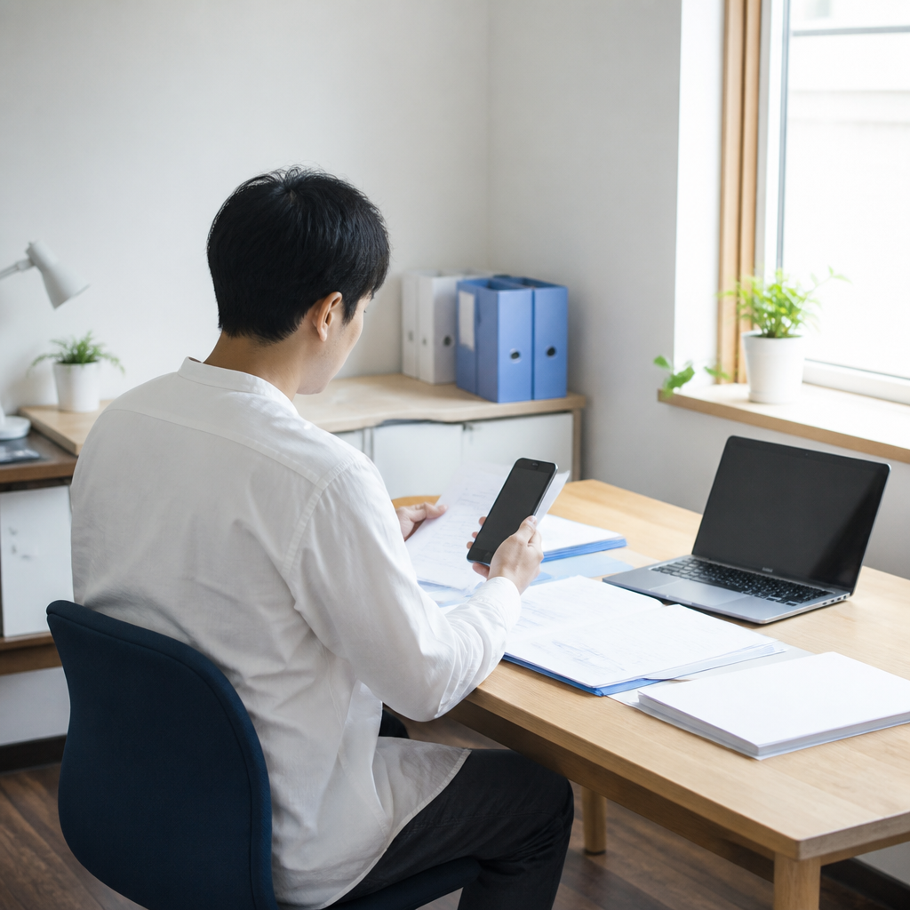 屋号に関する書類とスマートフォンを確認する個人事業主