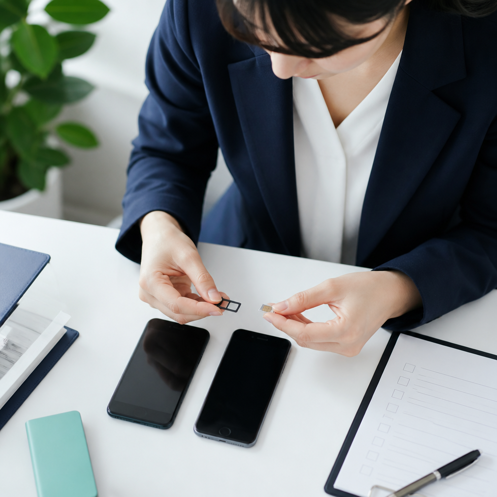 スマートフォンの番号移行と名義変更の準備をする手元