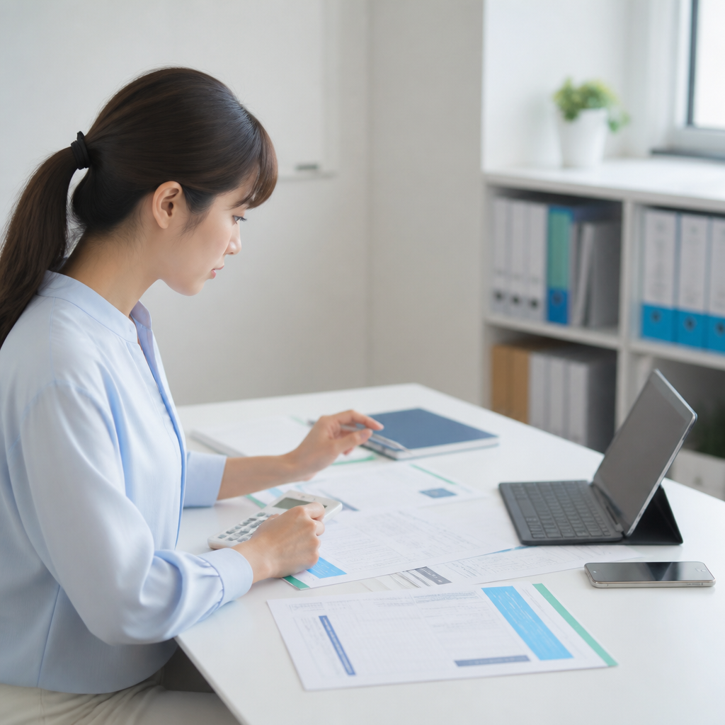 スマートフォンの月額費用と端末費用を確認する経理担当者