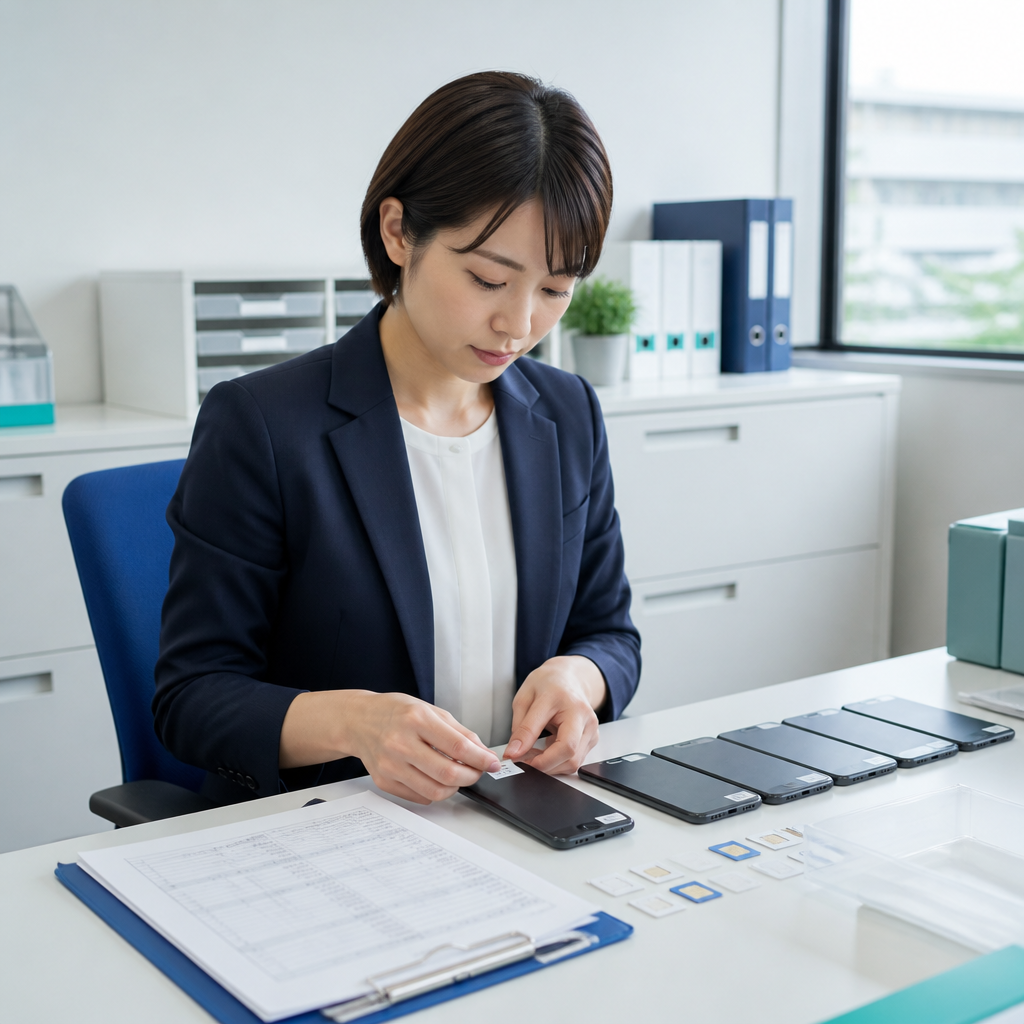 法人携帯の端末とSIMを管理しながら導入条件を確認する担当者