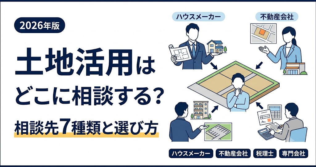 土地活用の相談先選びに関するアイキャッチ画像（2026年版）。左側に「土地活用はどこに相談する？」「相談先7種類と選び方」の大きな日本語テキストが配置され、右側には土地の区画を中心にハウスメーカー、不動産会社、税理士、専門会社を表すイラストと、比較検討する土地所有者のイラストが描かれています。白、ネイビー、ブルーを基調とした信頼感のあるデザイン。