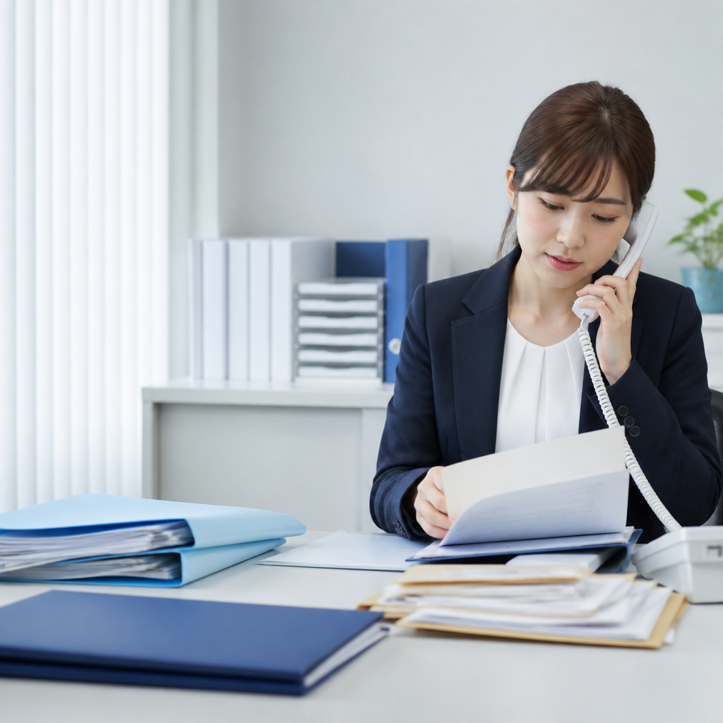 法人口座と許認可の確認に必要な会社資料を整理する担当者